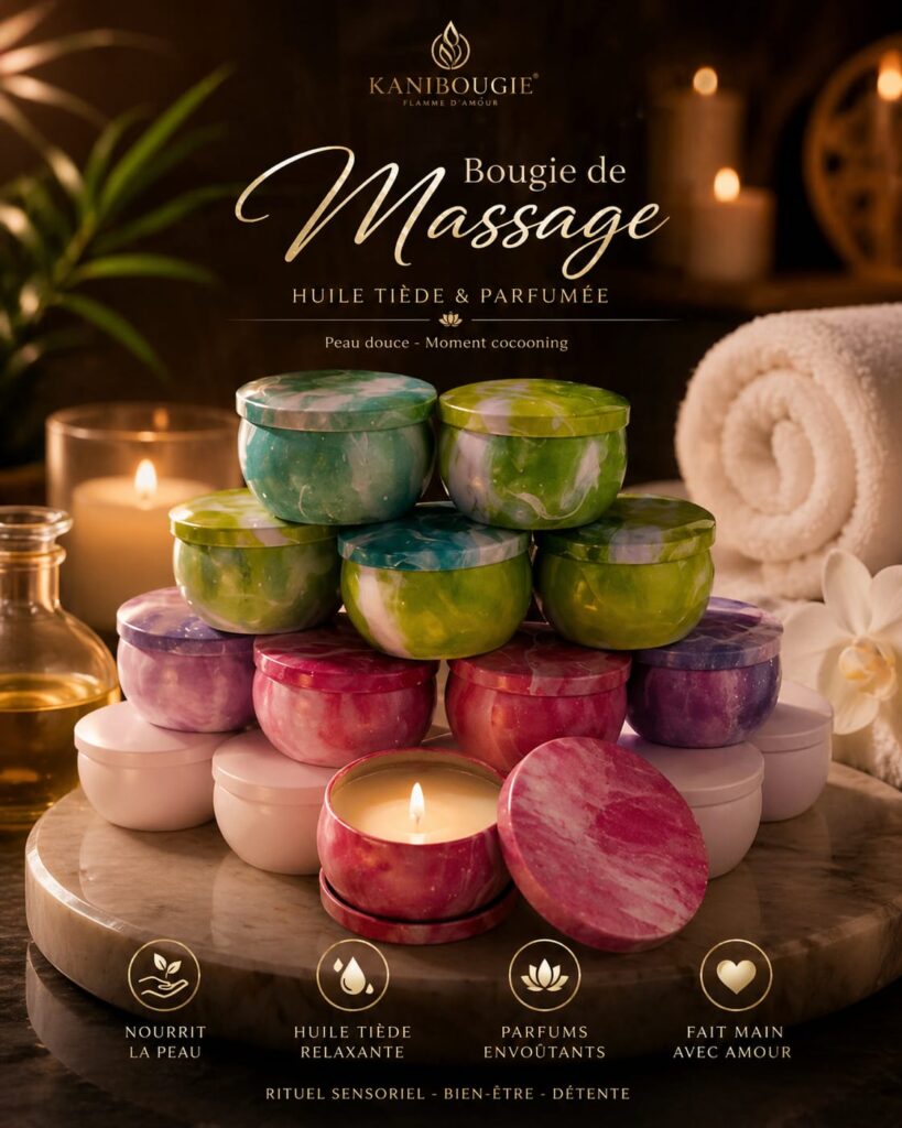 bougie de massage parfumée artisanale huile tiède Kanibougie